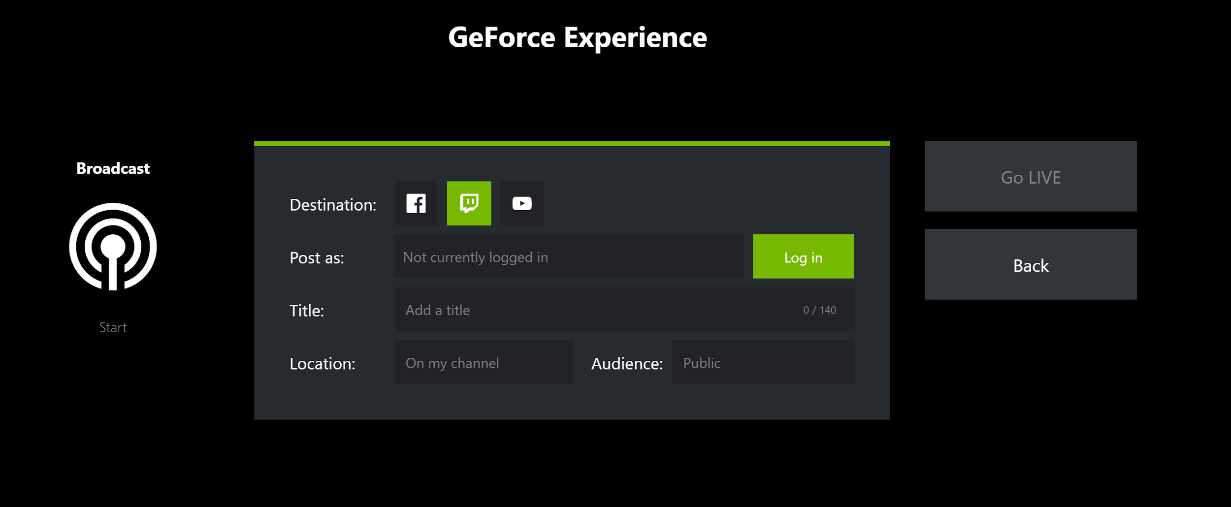 why cant i broadcast to stream from nvidia geforce