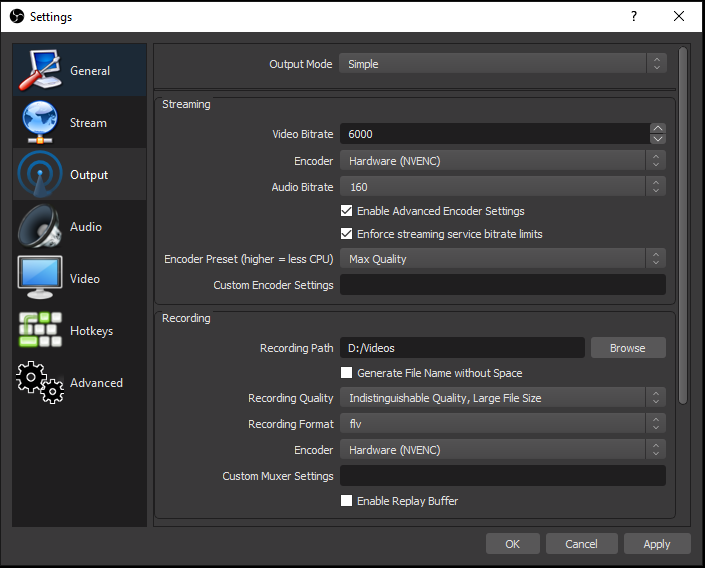 output tab settings - streamlabs obs fortnite encoder settings