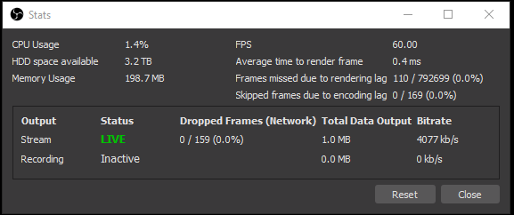 obs studio includes a very useful tool the stats window to bring it up click on view stats this window will show you lagged and skipped frames - fortnite stream settings obs