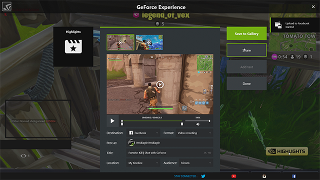 Fortnite Battle Royale with GeForce Experience's NVIDIA Highlights - Review, edit and share after Highlights each Fortnite Battle Royale match