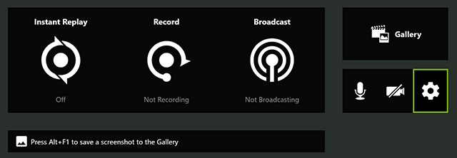 Alt+Z を押して GeForce Experience Share Overlay を起動し、歯車アイコン (設定) をクリックする