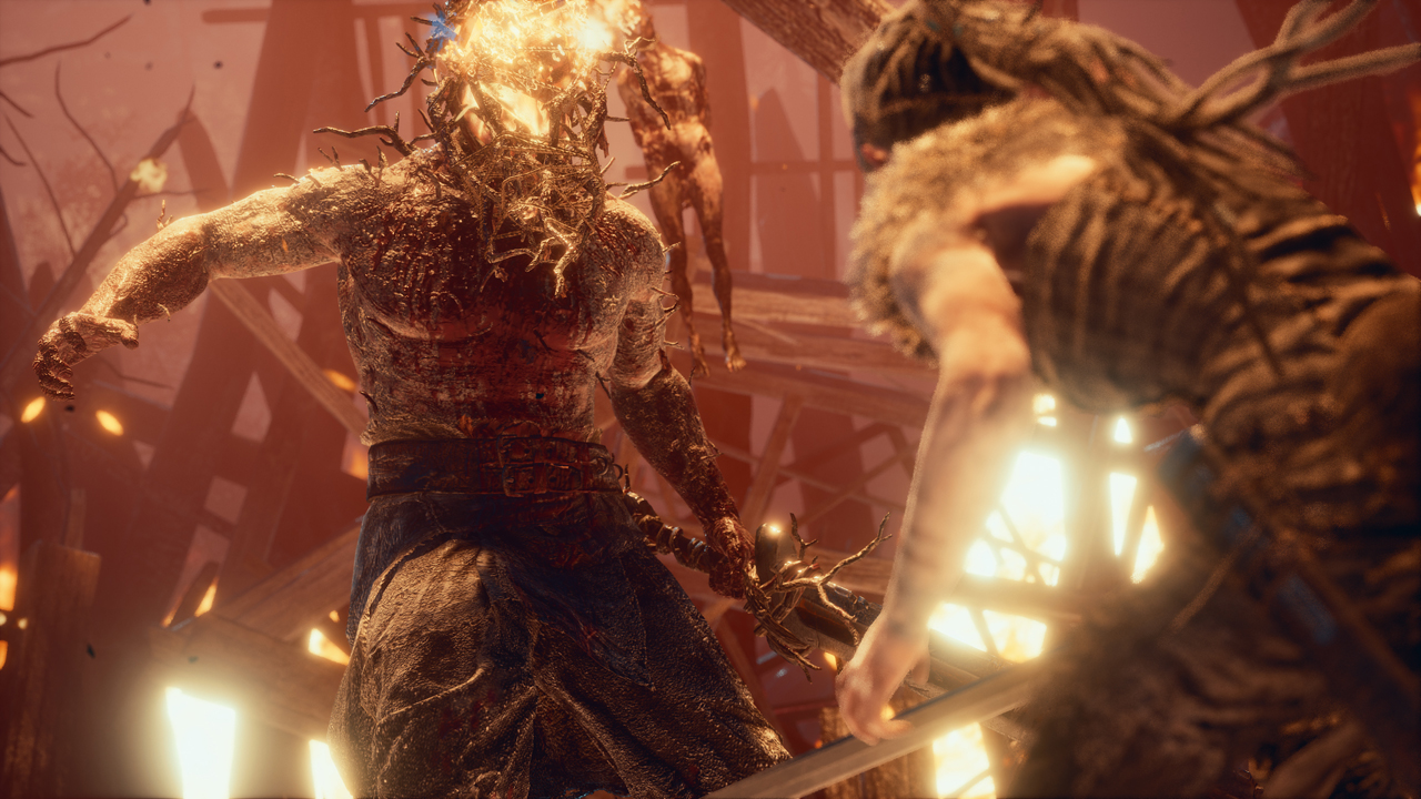 The player-character, Senua, in the game Hellblade (screenshot).