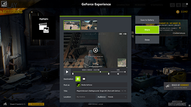 PlayerUnknown's Battlegrounds with GeForce Experience's NVIDIA Highlights - Review, edit and share after each PUBG match