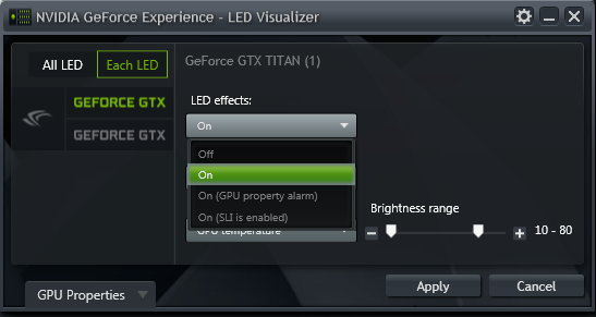 GeForce Experience 的 NVIDIA GeForce GTX LED 顯示模組 - LED 效果的下拉式選單