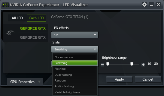 GeForce Experience 的 NVIDIA GeForce GTX LED 顯示模組 – 風格 (Style) 的下拉式選單
