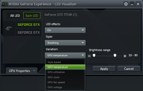 GeForce Experience NVIDIA GeForce GTX LED Visualizer - Variation Dropdown