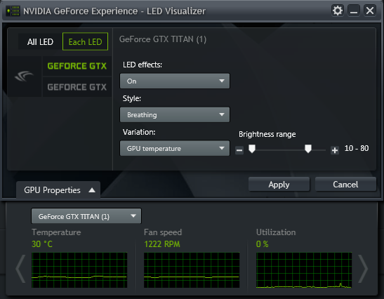 GeForce Experience NVIDIA GeForce GTX LED Visualizer - GPU Properties Window