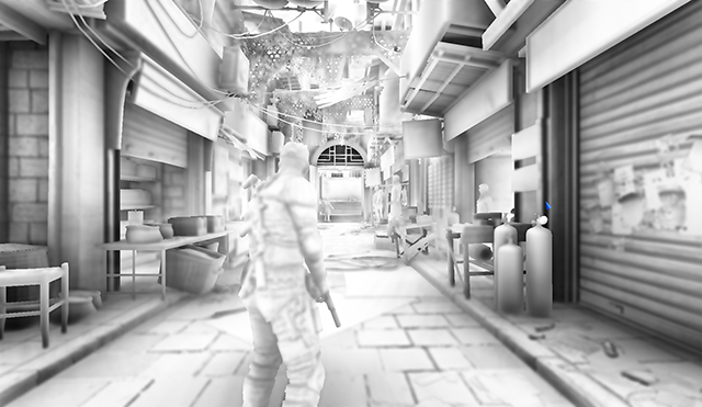 Greyscale capture of Splinter Cell Blacklist AO option in a fixed scene.