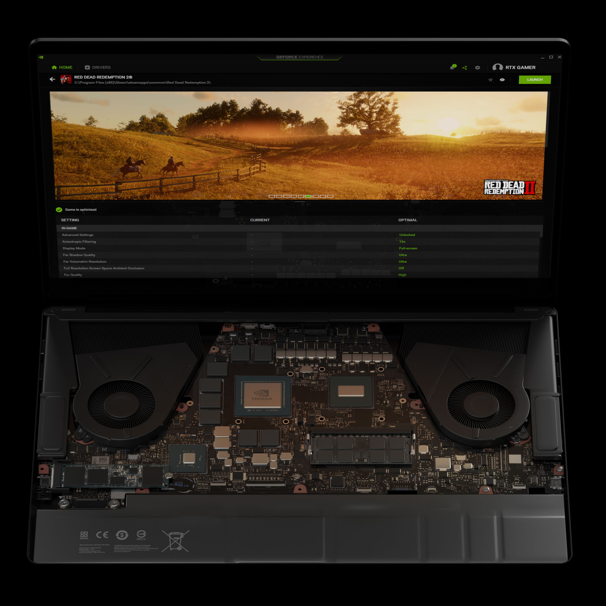 『レッド・デッド・リデンプション 2』のための GeForce Experience における Max-Q の最適なプレイ設定が可能な GeForce Laptop