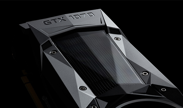 A stylish image of an Nvidia GTX 1070 GPU against a dark background.